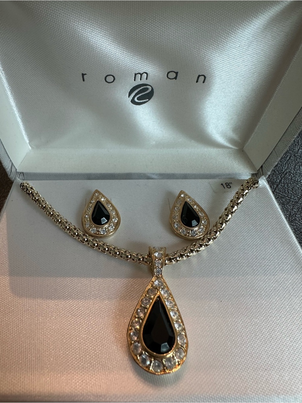 Roman Gold-Tone Necklace & Teardrop Earrings with Black Stones